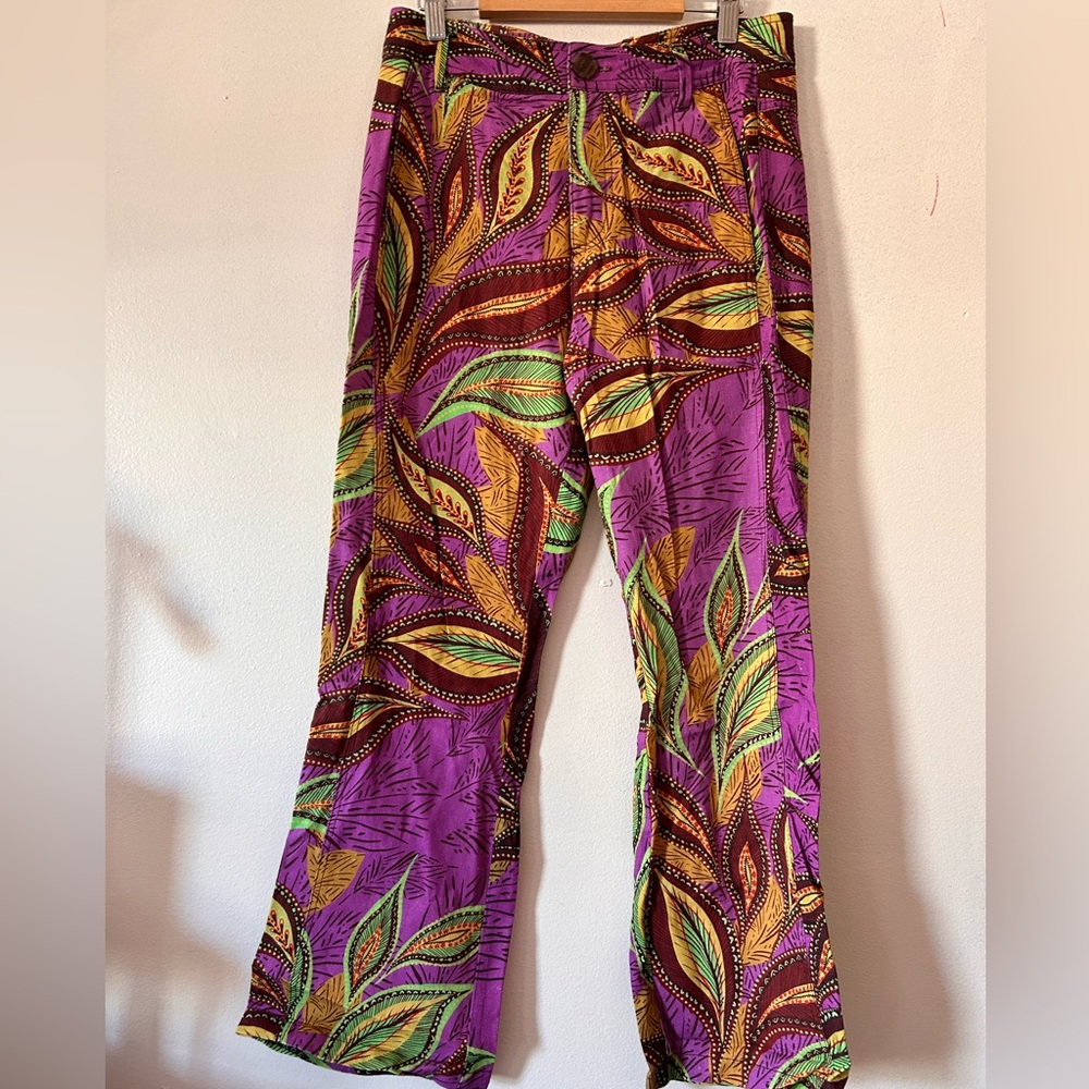 Zara tropical paisley linen purple pants trousers Sz medium